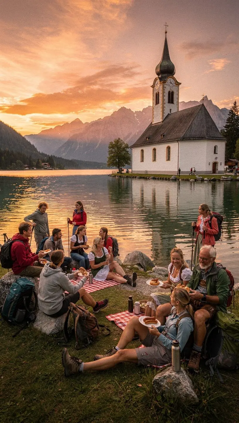 Der ruhige Gebirgssee, der die umliegenden Berge reflektiert und eine friedliche Atmosphäre schafft.